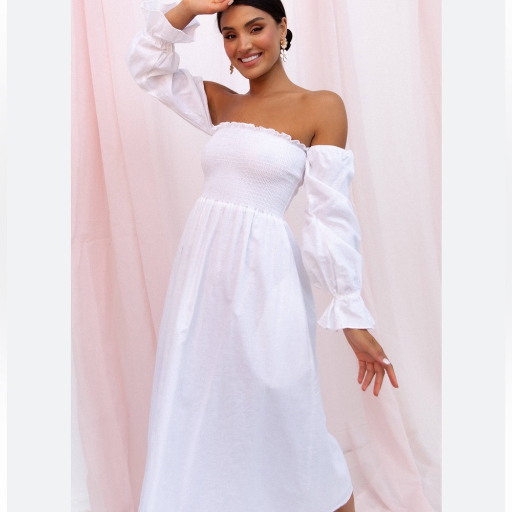 Petal & Pup White Off-Shoulder Smocked Maxi with Balloon Sleeves